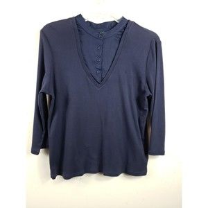 Lauren Ralph Lauren Top Womens Petite Large Navy Blue Solid 3/4 Sleeve